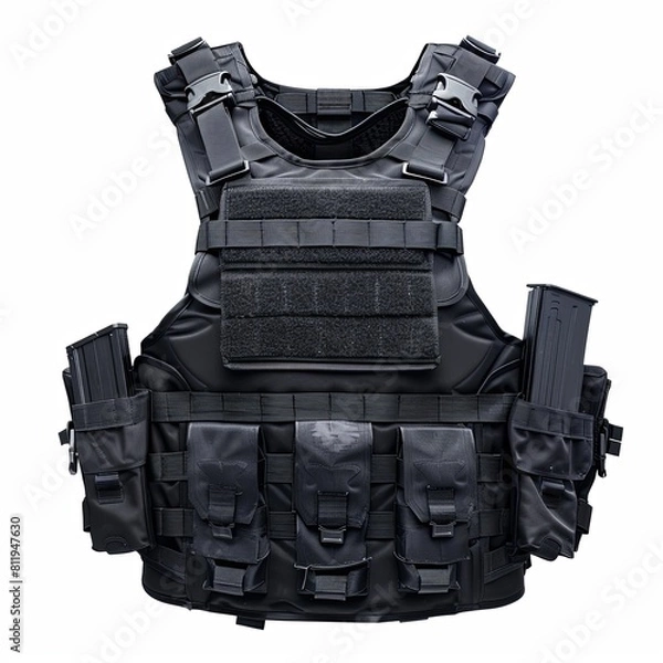 Fototapeta Black bulletproof vest isolated on white background. 3d rendering.