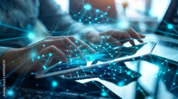 Fototapeta Digital technology, businessman use internet for Global network connection. Big data analytics and business intelligence. World map point and line composition of global business. innovation