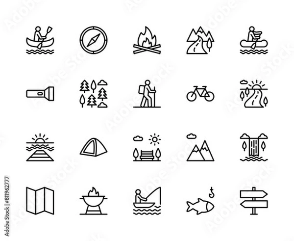 Fototapeta Outdoor travel vector linear icons set. Contains such outdoor travel icons as rafting, river, kayak, compass and more.
