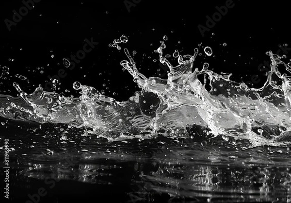 Fototapeta A splash of water in the air with a dark background. The water droplets are scattered all over the image, creating a sense of movement and energy