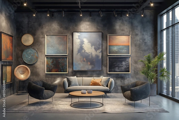 Fototapeta Art gallery with an array of abstract paintings, evoking a sense of contemporary creativity and modern aesthetics. Suitable for art, design, and cultural themes.