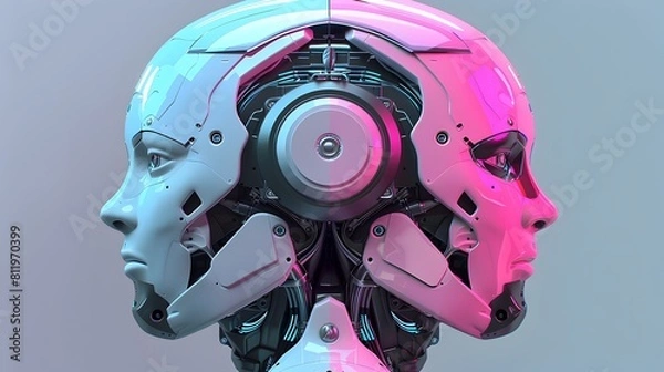 Fototapeta Sleek and Stylish Robot Mecha Head in Vibrant Pink and Blue Tones