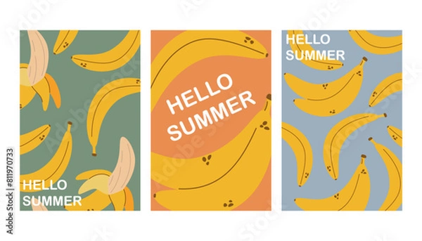 Fototapeta Summer poster with banana in flat style, hello summer, poster concept, postcard, wall art, banner background, summer cards set