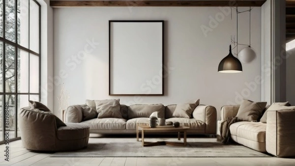 Fototapeta Sleek Furniture Mock-Up in Modern Cozy Living Room with Empty Canvas Frame on White Wall Background Render Suitable for Buildings and Architecture Interior Design