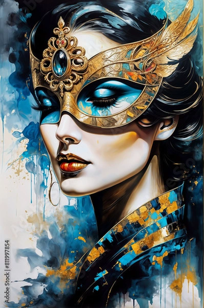 Fototapeta Abstract artwork of a woman with a mask with turquoise and golden brushwork - Generative AI	