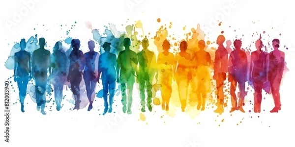 Obraz Watercolor silhouette of diverse people painted in a colorful rainbow spectrum. 8k panoramic diversity training or teamwork banner symbolizing unity, community, solidarity and a global melting pot