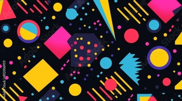 Obraz seamless pattern with geometric shapes in the style of 90s
shapes are bright circles, rectangles,lines, dots