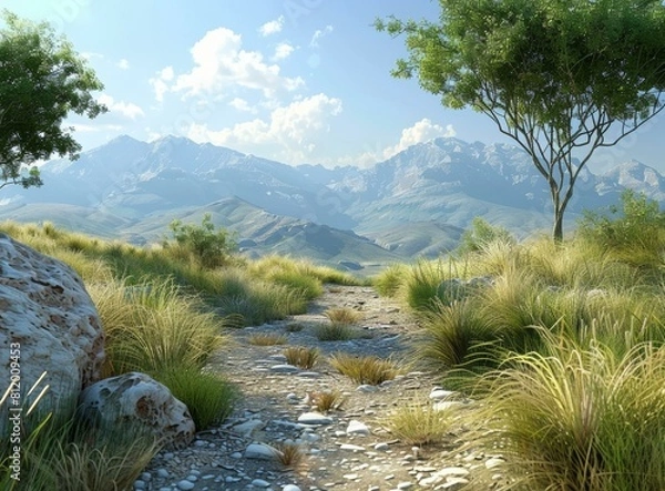 Fototapeta Rocky path through a grassy field with mountains in the distance