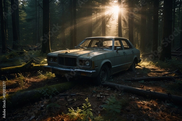Fototapeta A wrecked car lies abandoned in the middle of a deep Forest