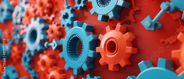 Fototapeta 3D render of blue and orange gear elements on the wall. Background with copy space, industrial design concept. Gears, cogs, levers and other mechanical parts on a red background.