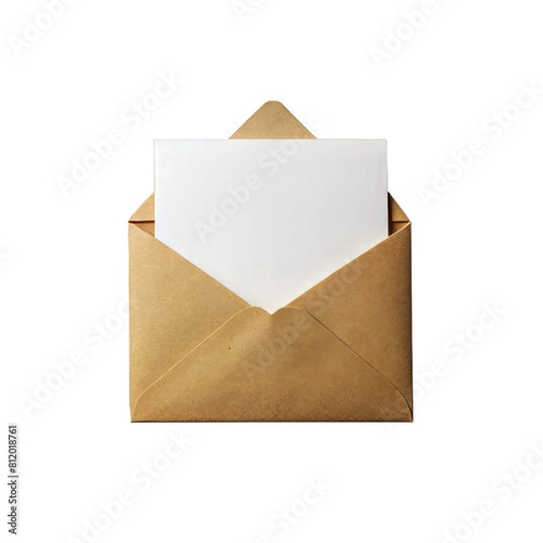 Fototapeta Open paper envelope with white sheet, isolated on white transparent background. Envelope mockup