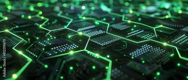 Fototapeta green hexagon pattern glowing circuit board with technology background, futuristic digital and high tech concept