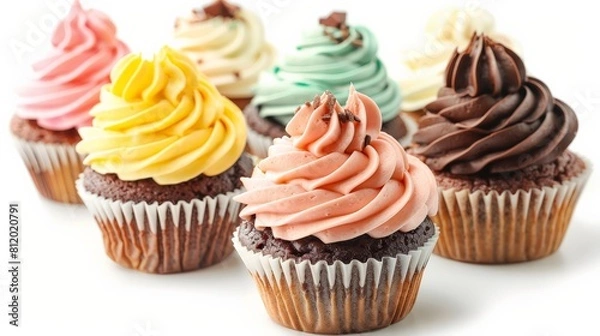 Fototapeta Cupcakes with swirling icing, each a different flavor, isolated for clarity