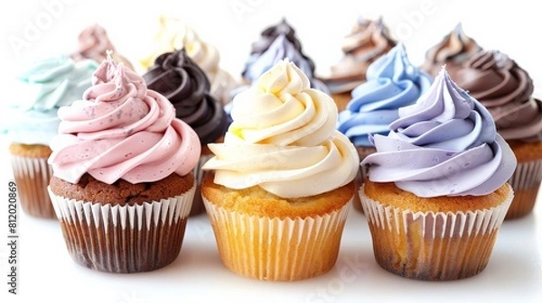 Fototapeta Cupcakes with swirling icing, each a different flavor, isolated for clarity