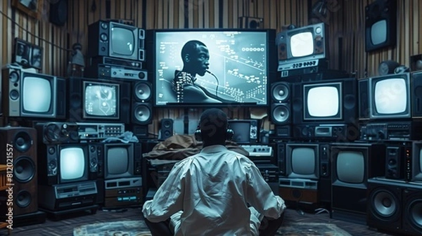 Fototapeta Man Sitting in Front of Multiple Televisions