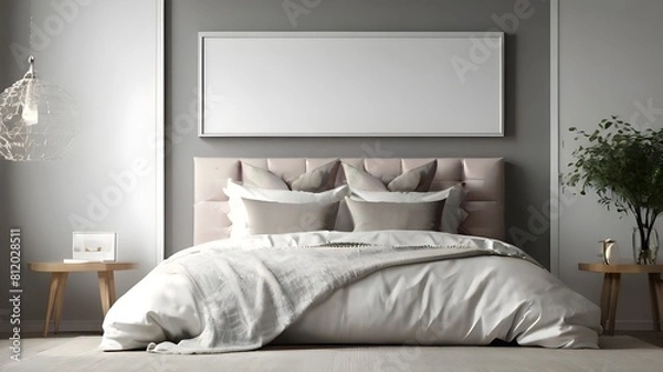 Fototapeta Blank mock up landscape frame in bedroom with bed 