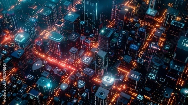 Fototapeta Top-down view of a city illuminated by streetlights and neon signs, resembling a sparkling circuit board