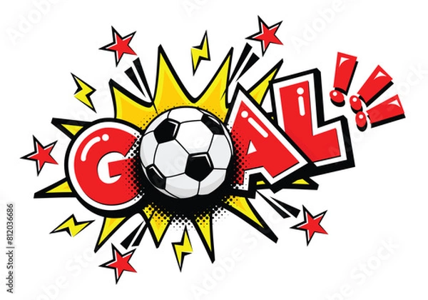 Fototapeta Goal football game, soccer ball. Text speech bubble balloon exploding. Comic pop art style wow banner message. Halftone dot funny vector on transparent background.