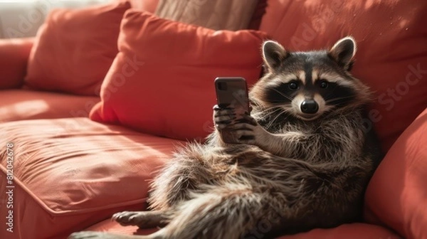 Fototapeta Racoon lies on a sofa while using a cell phone, copy space