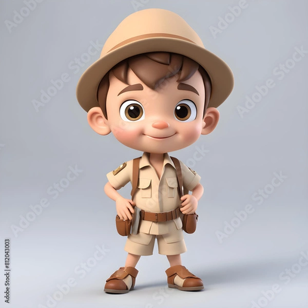 Obraz A 3D animated cartoon render of a smiling cartoon Cute Boy in safari outfit 3D Rendered a white background.