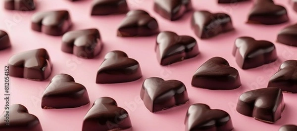 Fototapeta Dark chocolate hearts on pink background with copy space for Valentine's Day celebration.