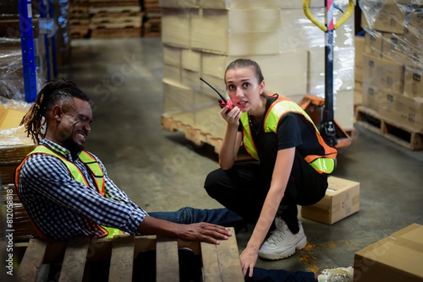 Obraz African American worker having accident and injured leg while working in warehouse while his women colleague is calling the rescue team. safety workplace and emergency situation support concept.