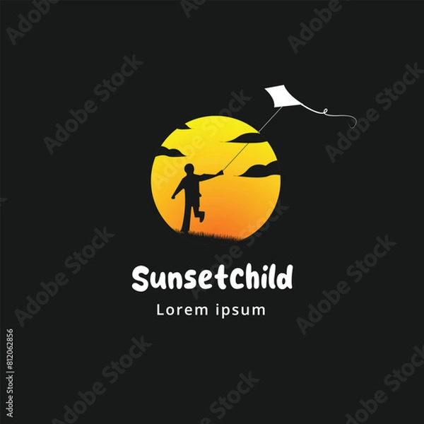 Obraz child playing kite at sunset vector logo design