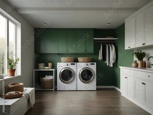 Obraz White and green laundry room interior