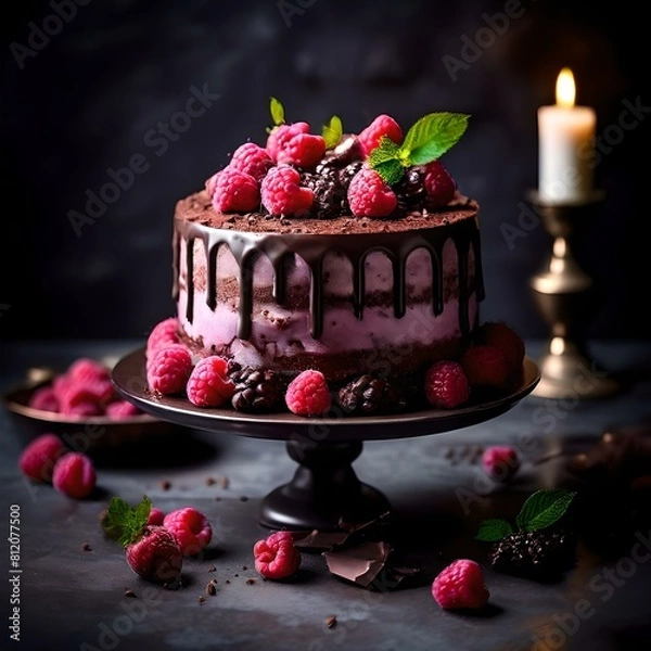 Fototapeta chocolate cake with raspberries and candles