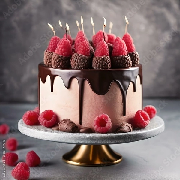 Fototapeta chocolate cake with berries and candles 