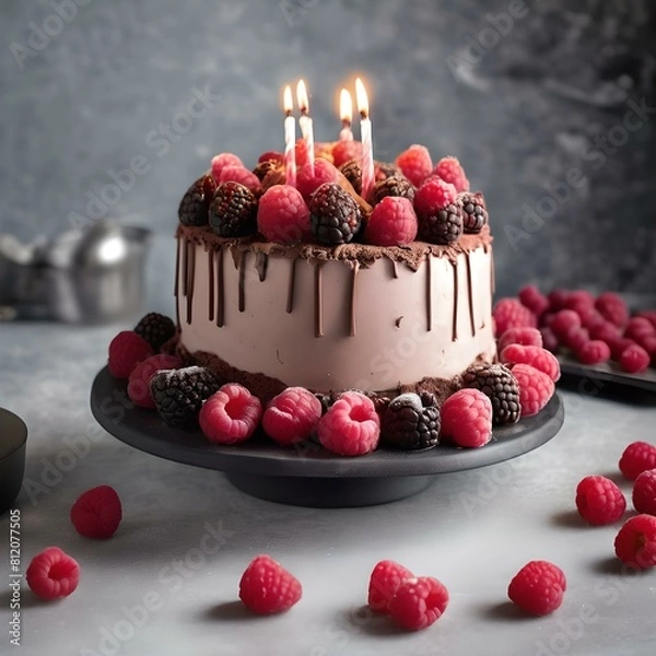 Fototapeta chocolate cake with berries and candles 