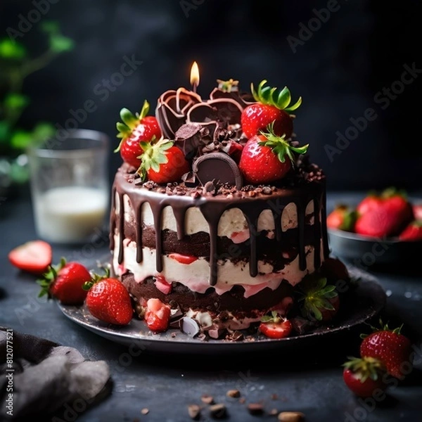 Fototapeta chocolate cake with strawberries and candles on the table