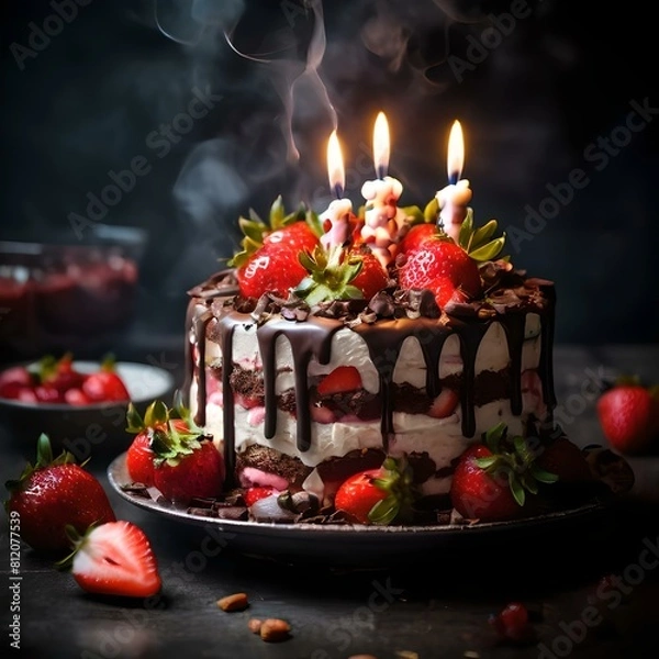 Fototapeta chocolate cake with strawberries and candles on the table
