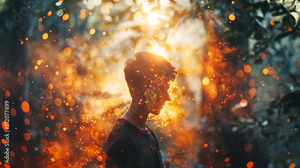 Fototapeta Young man standing in the middle of a dark forest But there are light particles from sunlight. Shining in Pictures that convey hope State of mind concept