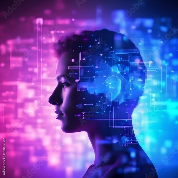 Fototapeta An electronic circuit colorful hologram appears over a male silhouette