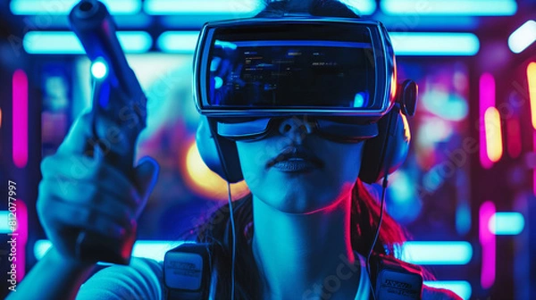 Fototapeta Gamer with virtual reality glasses playing video game with controller and vr headset, enjoying online playing with futuristic 3d simulation in studio.
