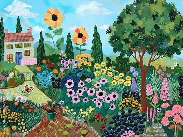 Fototapeta Naive Art Portrayal of a Devoted Green Thumb Engrossed in Careful Gardening of a Vibrant Floral Haven