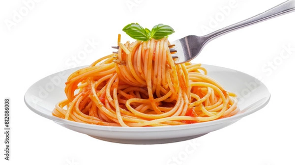 Fototapeta Close-up of spaghetti twirled on a fork above a white plate against a white background