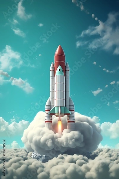 Fototapeta A rocket ship is launching from a cloud of smoke. The sky is blue and cloudy. The rocket is red and white.