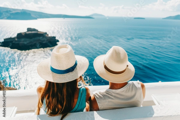 Obraz A young couple in white hats enjoy sea views from a terrace on a Greek island. Rear view. Concept of honeymoon, vacation and summertime travel.