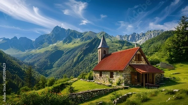 Fototapeta Idyllic mountain chapel against breathtaking alpine landscape. Serenity in nature, perfect for spiritual retreats and tourism. Postcard-ready view. AI