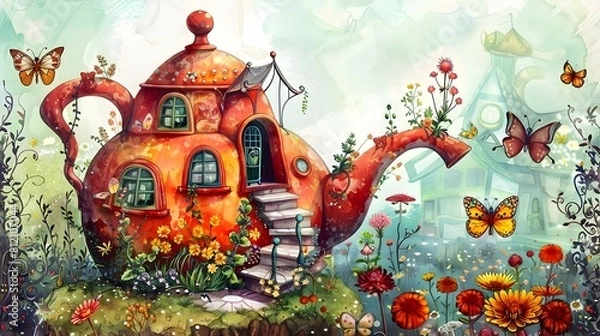 Fototapeta Enchanting Whimsical Teapot House Surrounded by Magical Flowers and Butterflies in a Fantastical Garden Landscape