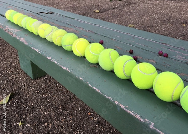 Obraz Row of used tennis balls on a bench