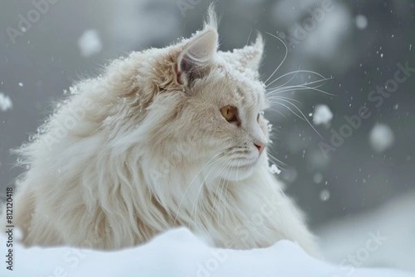 Fototapeta Affectionate. Angora cat in snow. Fluffy purebred feline in wintertime season. Generate ai