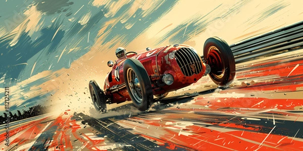 Obraz Vintage racing poster featuring classic race cars in dynamic action. Retro motorsport and racing heritage concept for design and poster