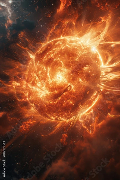 Fototapeta Conceptual artwork of a magnetar, an extremely magnetic neutron star, with visual effects of distorted magnetic field lines,