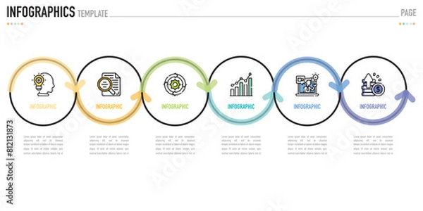 Fototapeta Circular linear infographic template or element with 6 step, process, option, colorful connected circle, label, shadow, minimal style for sale slide, agenda, schedule, flowchart, workflow, calendar
