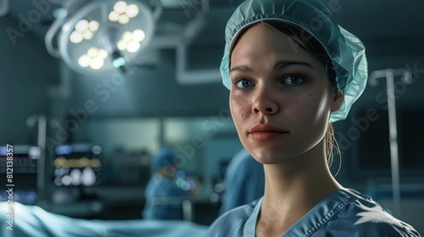 Fototapeta A woman in a medical cap and blue eyes looks at the camera. She is wearing a blue robe. Behind her in the operating room are two doctors. Two surgical lights hang from the ceiling.