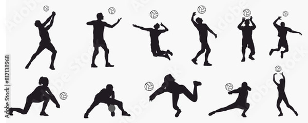 Fototapeta Volleyball player silhouette set. Collection of volleyball player. 