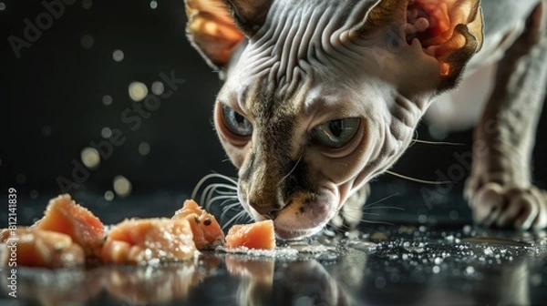 Fototapeta A Sphynx cat tentatively sniffing at a raw diet spread, including small cuts of chicken and beef, on a sleek black surface